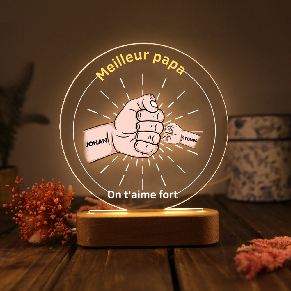 À Papa/Papi - Lampe de chevet LED Lumières Poings 2 Prénoms et 2 Textes Personnalisés pour Famille