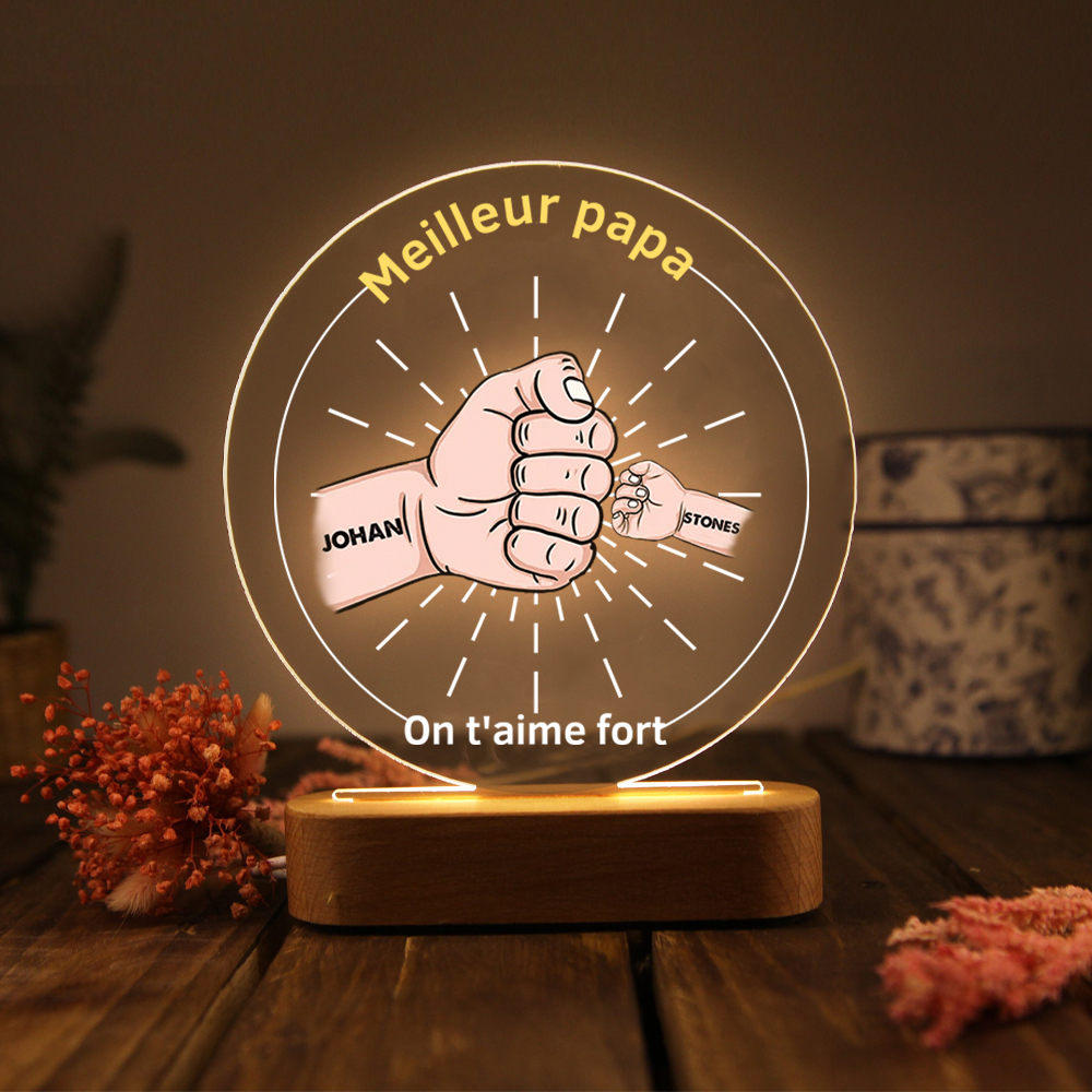 À Papa/Papi - Lampe de chevet LED Lumières Poings 2 Prénoms et 2 Textes Personnalisés pour Famille