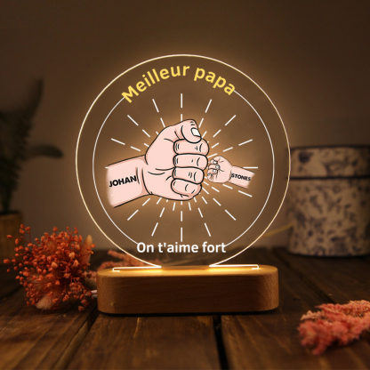 À Papa/Papi - Lampe de chevet LED Lumières Poings 2 Prénoms et 2 Textes Personnalisés pour Famille