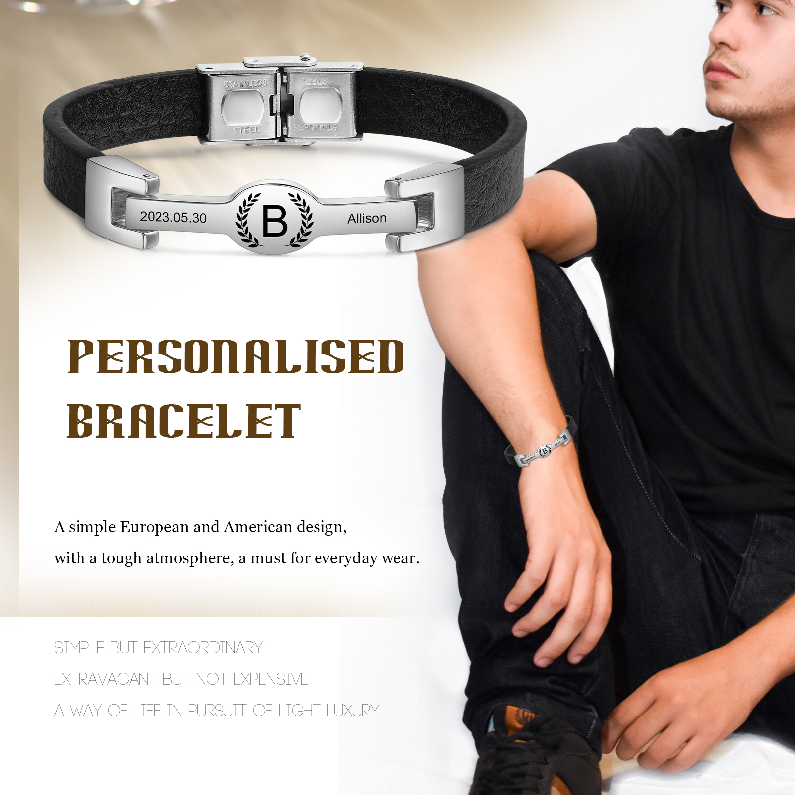 Bracelet Initiale en Cuir 1 Prénom Personnalisé avec Date et Lettre｜Jessemade