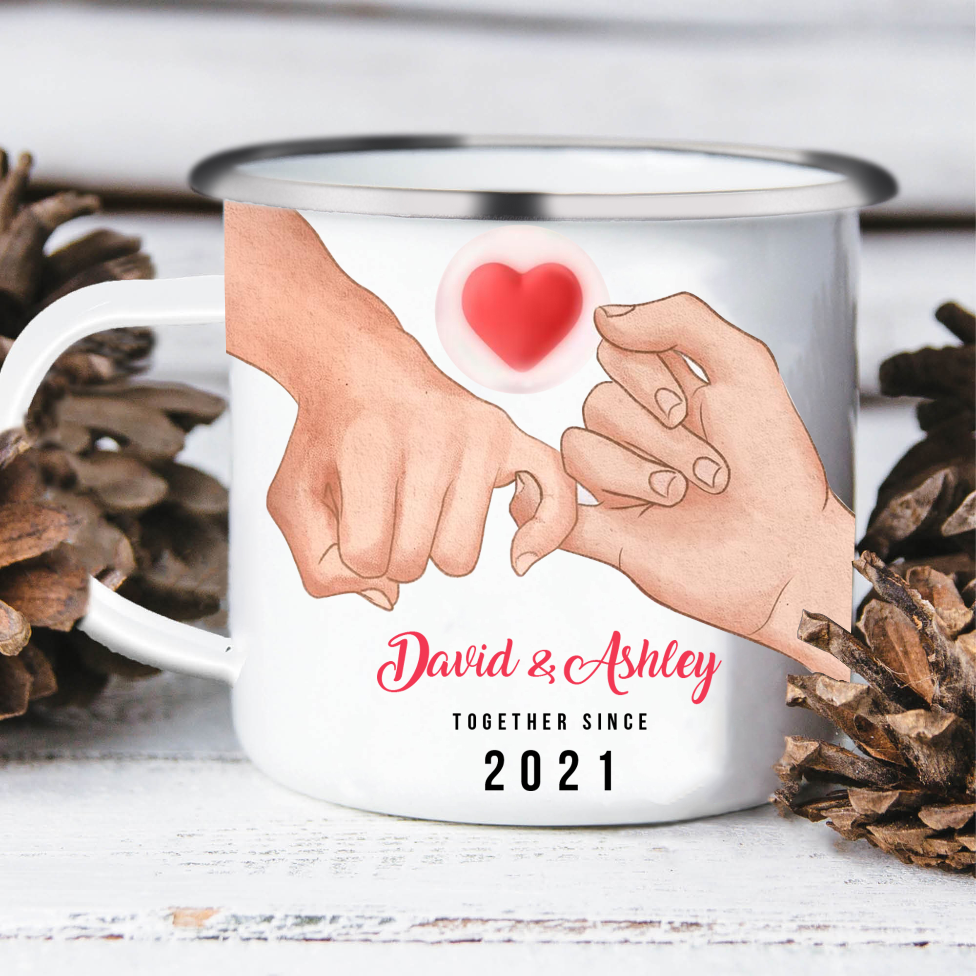 Tasse émaillée 2 Prénoms Personnalisés avec Texte et Année pour Couple promesse du petit doigt