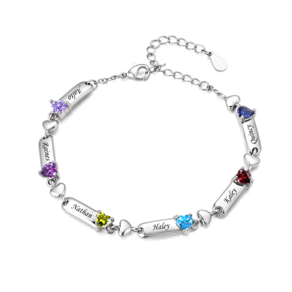 Bracelet Personnalisé avec 1 à 6 Prénoms et Pierres de Naissance en Forme de Cœur – Chaîne Fine Élégante