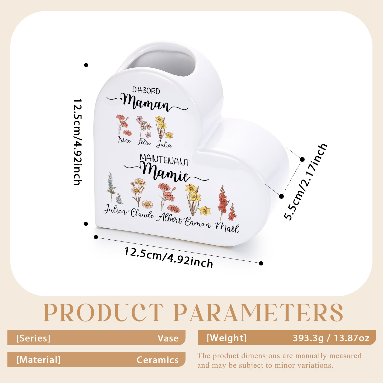Vase Cœur en Céramique Personnalisé 2 à 10 Prénoms et Fleurs de Naissance,cadeau Fête des Mères pour Mamie Maman
