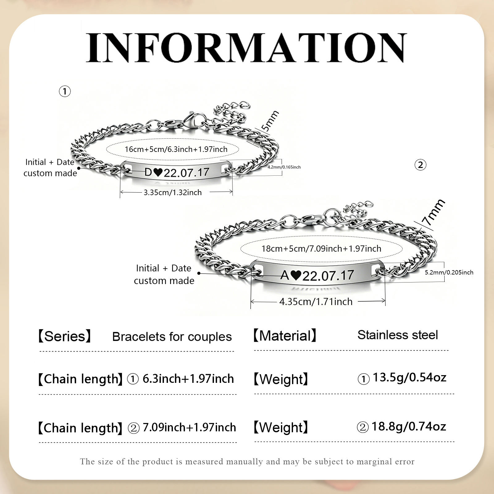 Bracelet Couple Personnalisé en Acier Inox gravé Initiale & Date