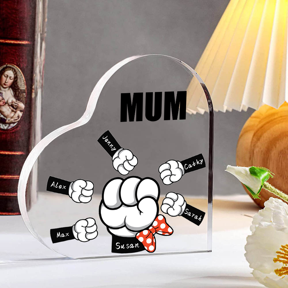 À ma Maman/Mamie - Plaque Acrylique en Forme de Cœur 6 Prénoms Personnalisés avec 1 Texte