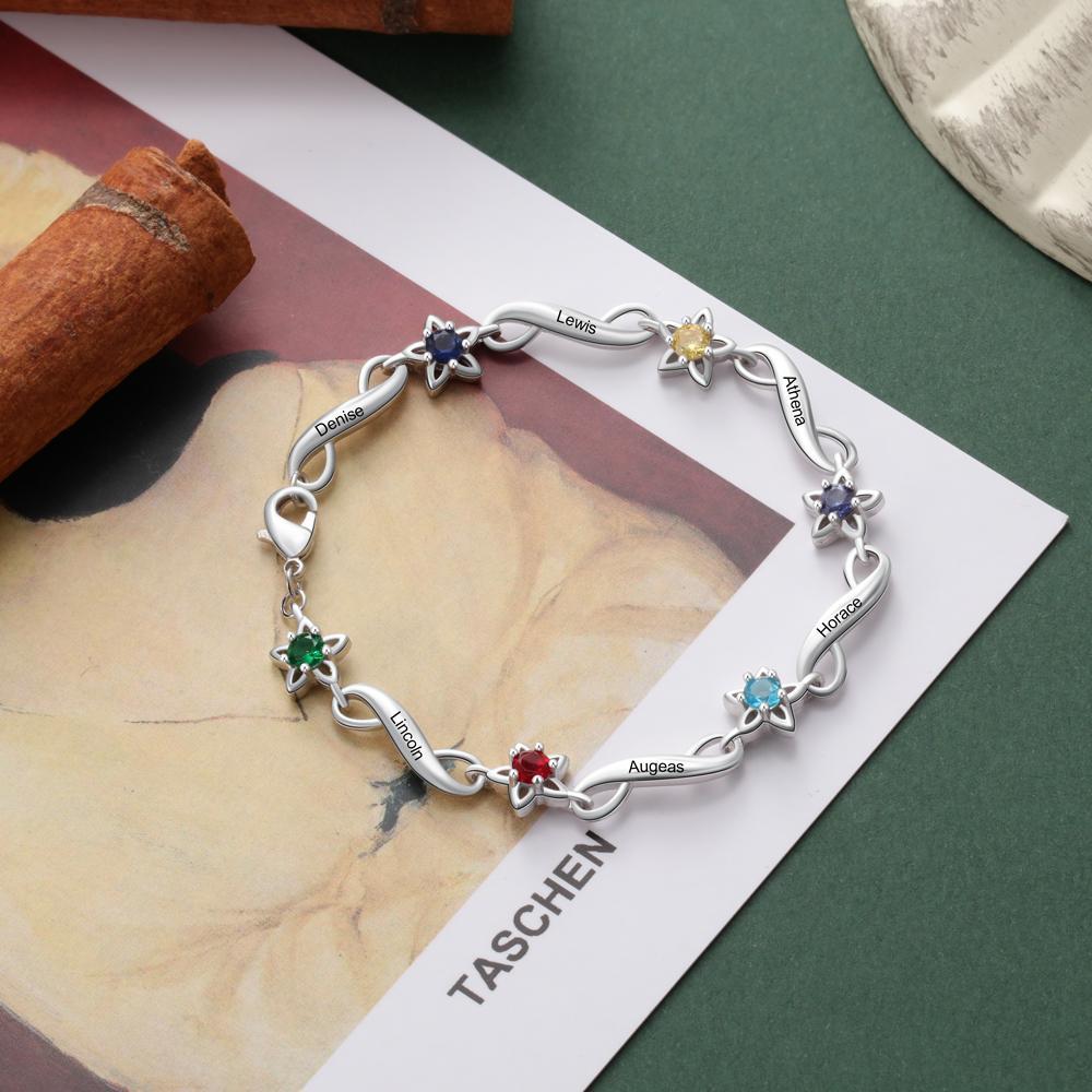 Bracelet infini à Breloque 6 Prénom Personnalisé avec 6 Pierre de Naissance