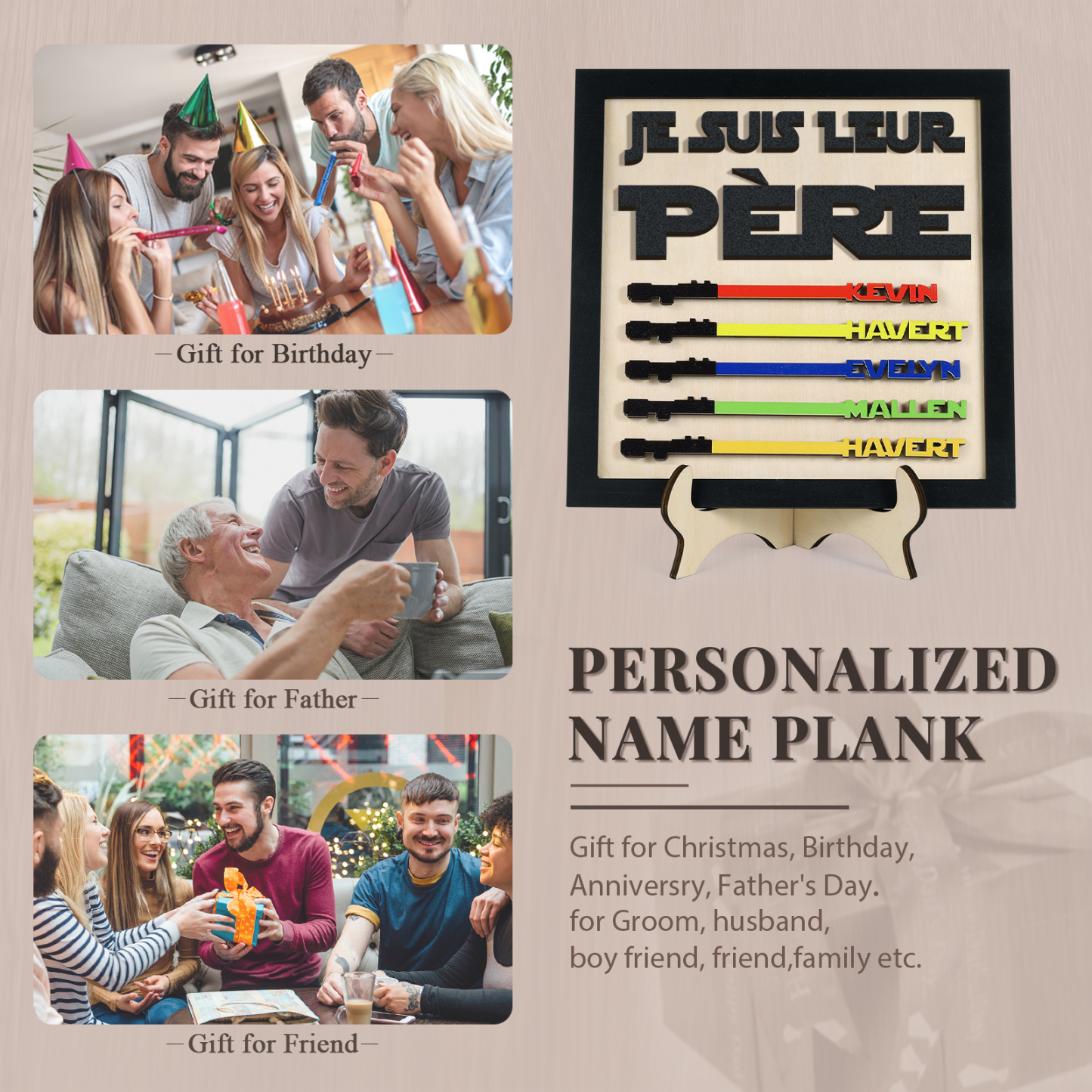 À mon Papa - Décoration en bois 5 Prénoms Personnalisés Ornement pour Père