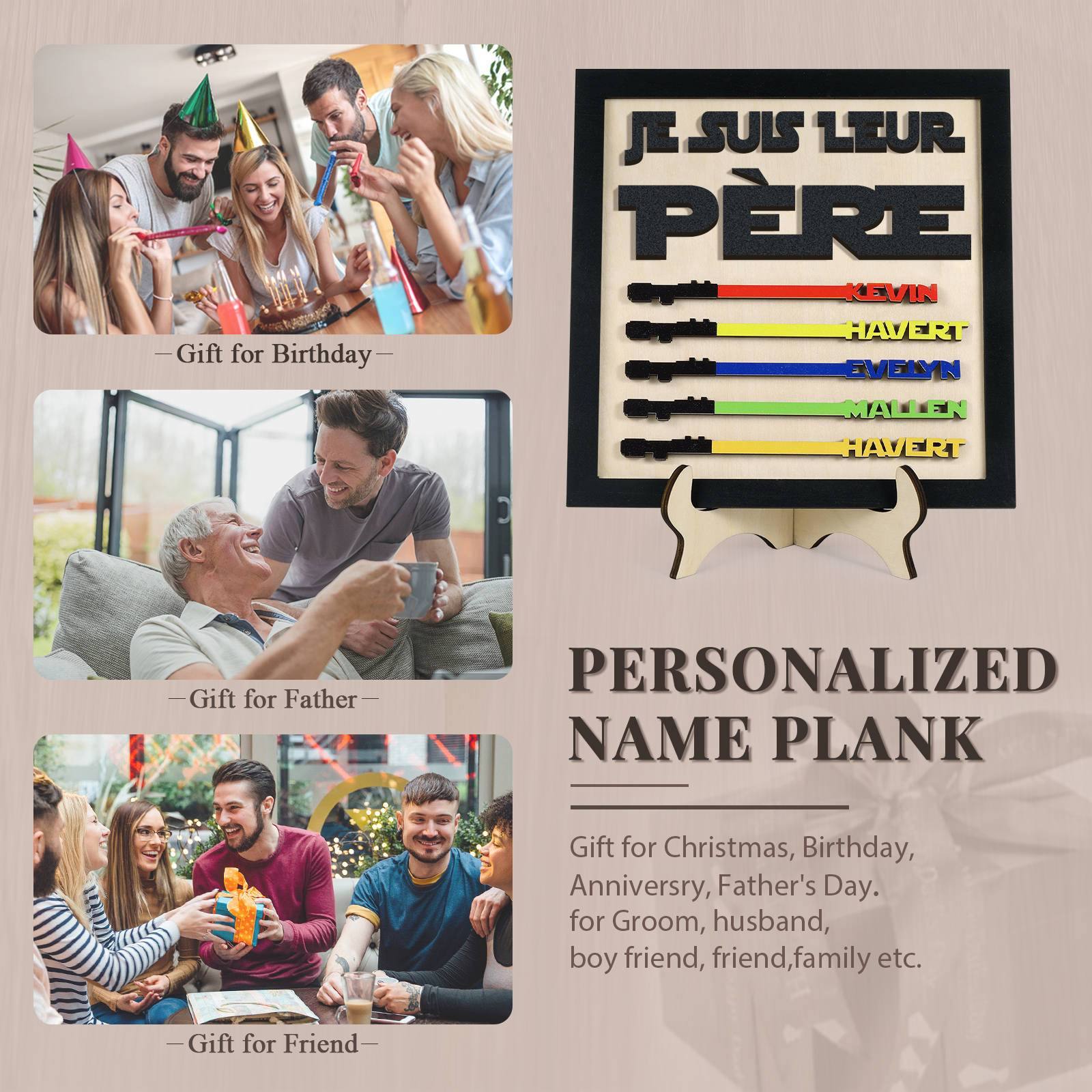 À mon Papa - Décoration en bois 5 Prénoms Personnalisés Ornement pour Père