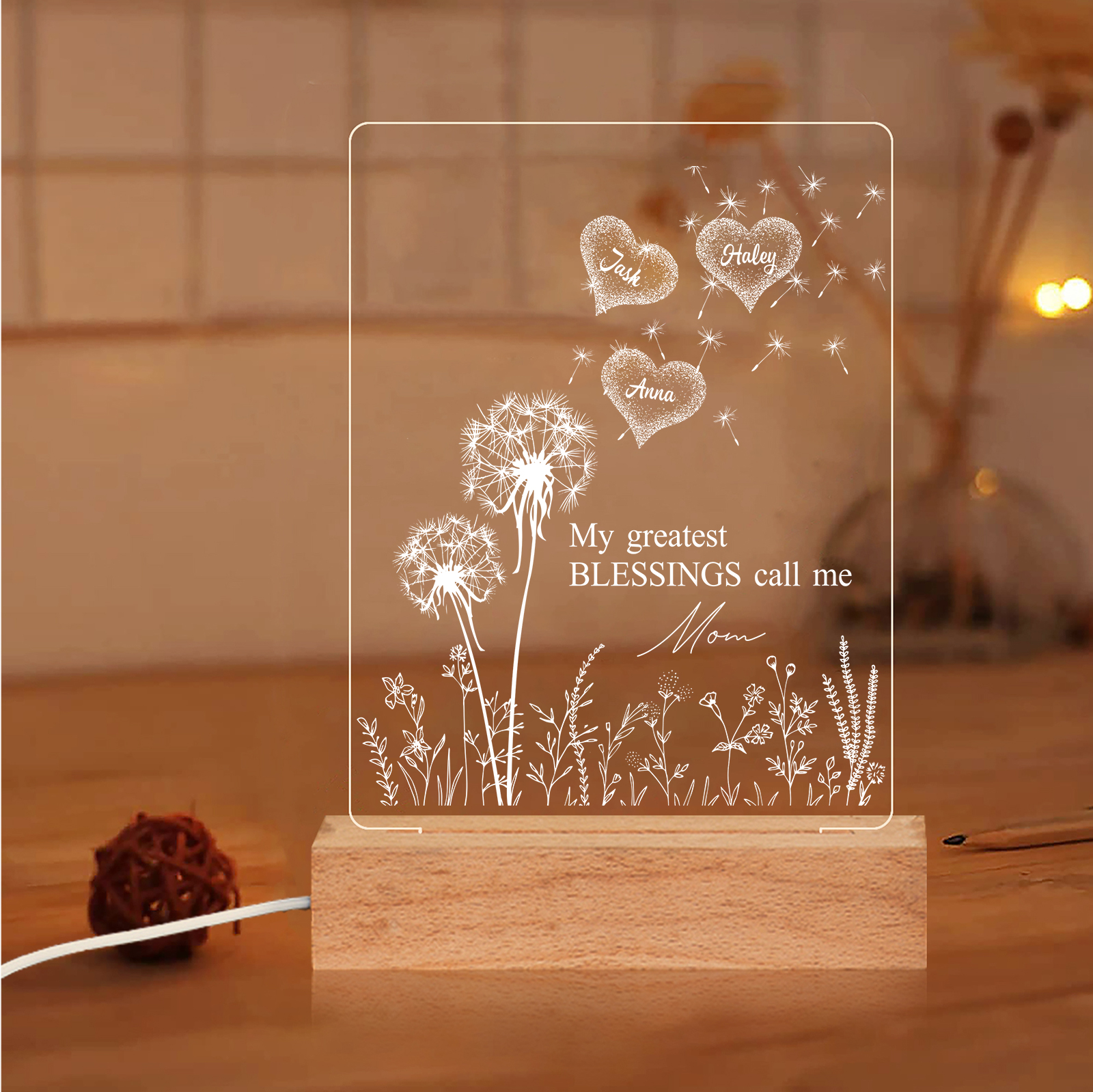 À Maman/Mamie - Lampe de chevet LED Pissenlit 3 Prénoms Personnalisés avec 2 Textes pour Famille