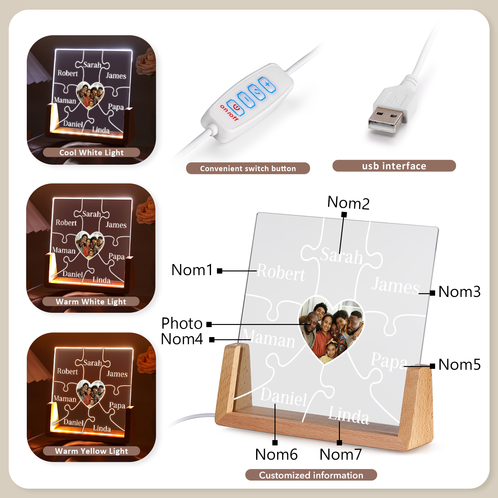 Lampe de chevet LED Puzzles 7 Prénoms Personnalisés avec Photo pour Famille