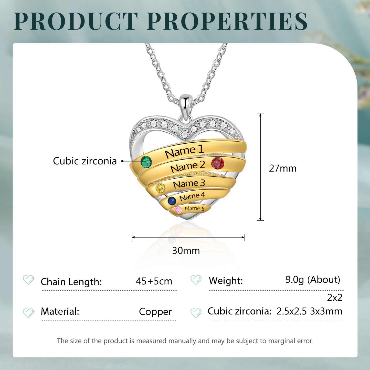 Collier Pendentif Cœur 5 Prénoms Personnalisés avec Pierre de Naissance Collier Femmes
