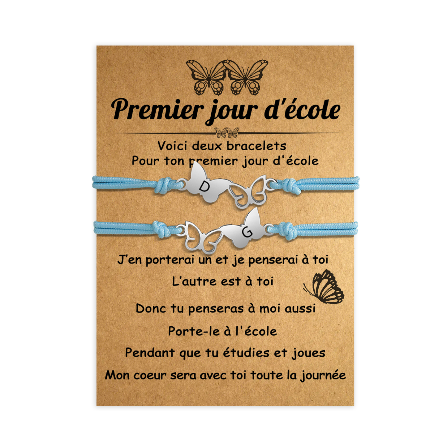 2PCS Bracelet Initiale Papillons 2 Lettres Personnalisées Corde élastiques Cadeau Rentrée Scolaire Premier jour d’école｜Jessemade