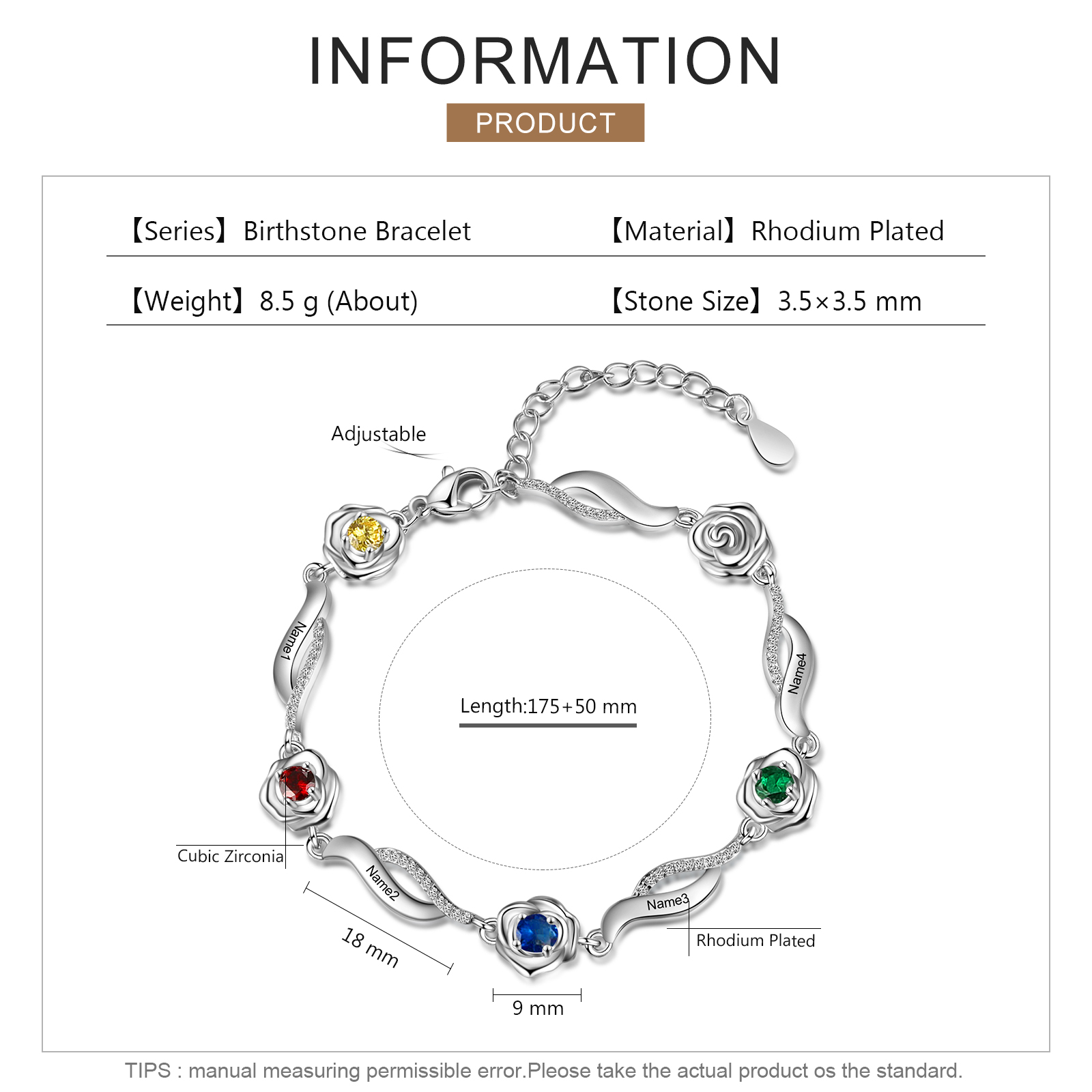 Bracelet Roses 4 Prénom Personnalisé avec 4 Pierre de Naissance