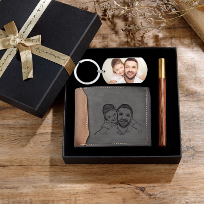 Coffret Cadeau 3PCS - Portefeuille classique Porte-Clés et Stylo 2 Textes Personnalisés avec 2 Photos et 1 Date Coffret Cadeau pour Homme