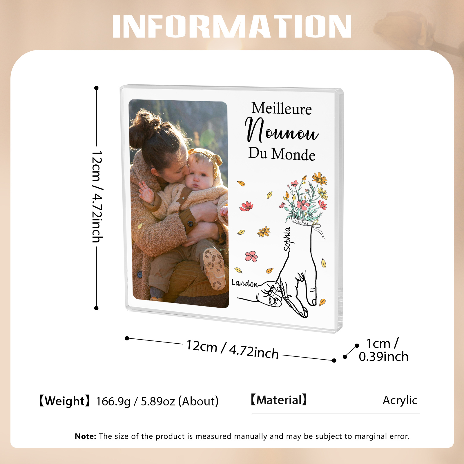 À ma Nounou - Plaque Acrylique Carrée la Main dans la Main 2 Prénoms Personnalisés avec Photo