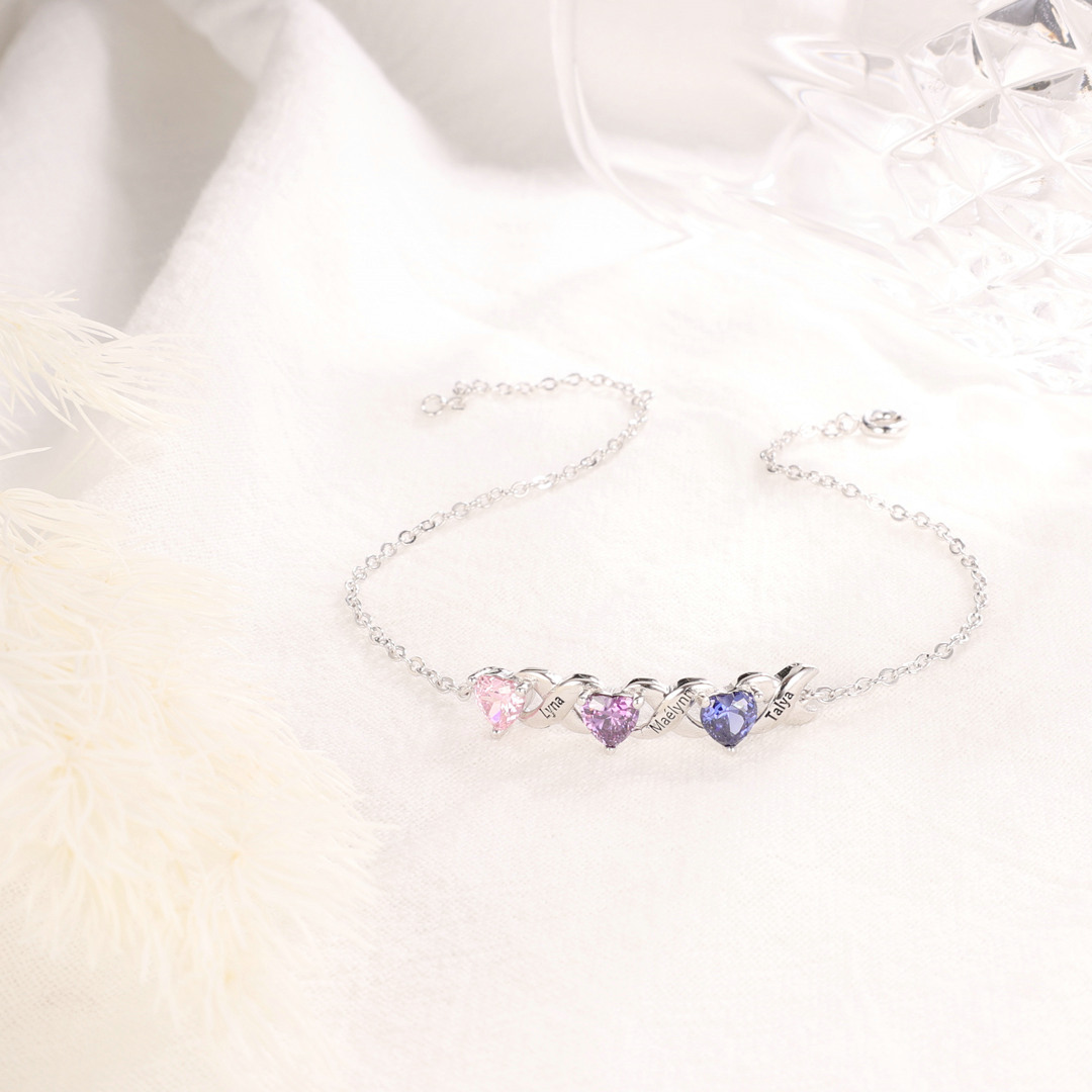 Bracelet à Breloque 3 Prénoms Personnalisé avec 3 Pierres de Naissance