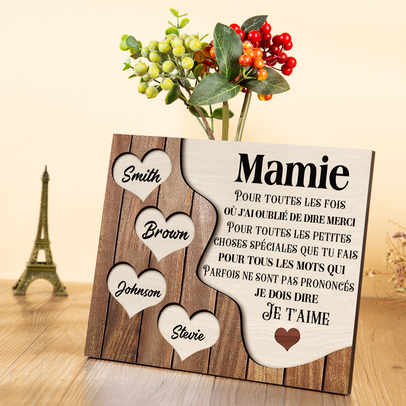 À ma Maman/Mamie - Cadre en Bois 4 Prénoms Personnalisés avec Texte Cadeau pour Famille