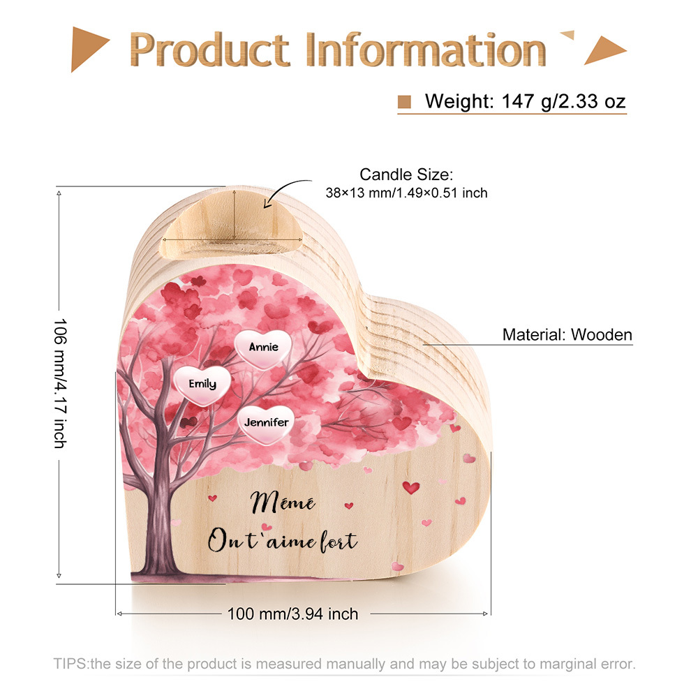 À Ma Maman/Mamie - Bougeoir en Bois Arbre 3 Prénoms et 1 Texte Personnalisés pour Famille sans bougie