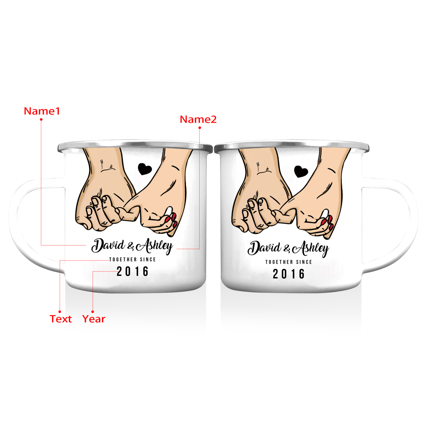 Tasse émaillée 2 Prénoms Personnalisés avec Texte et Année pour Couple promesse du petit doigt