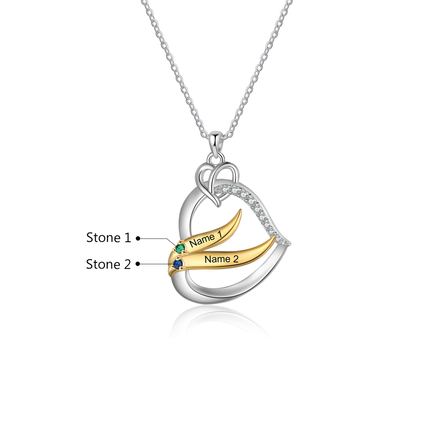 Collier Pendentif Cœur et Ailes Collier Personnalisé Femme avec 2 Prénoms et Pierres de naissance|Jessemade