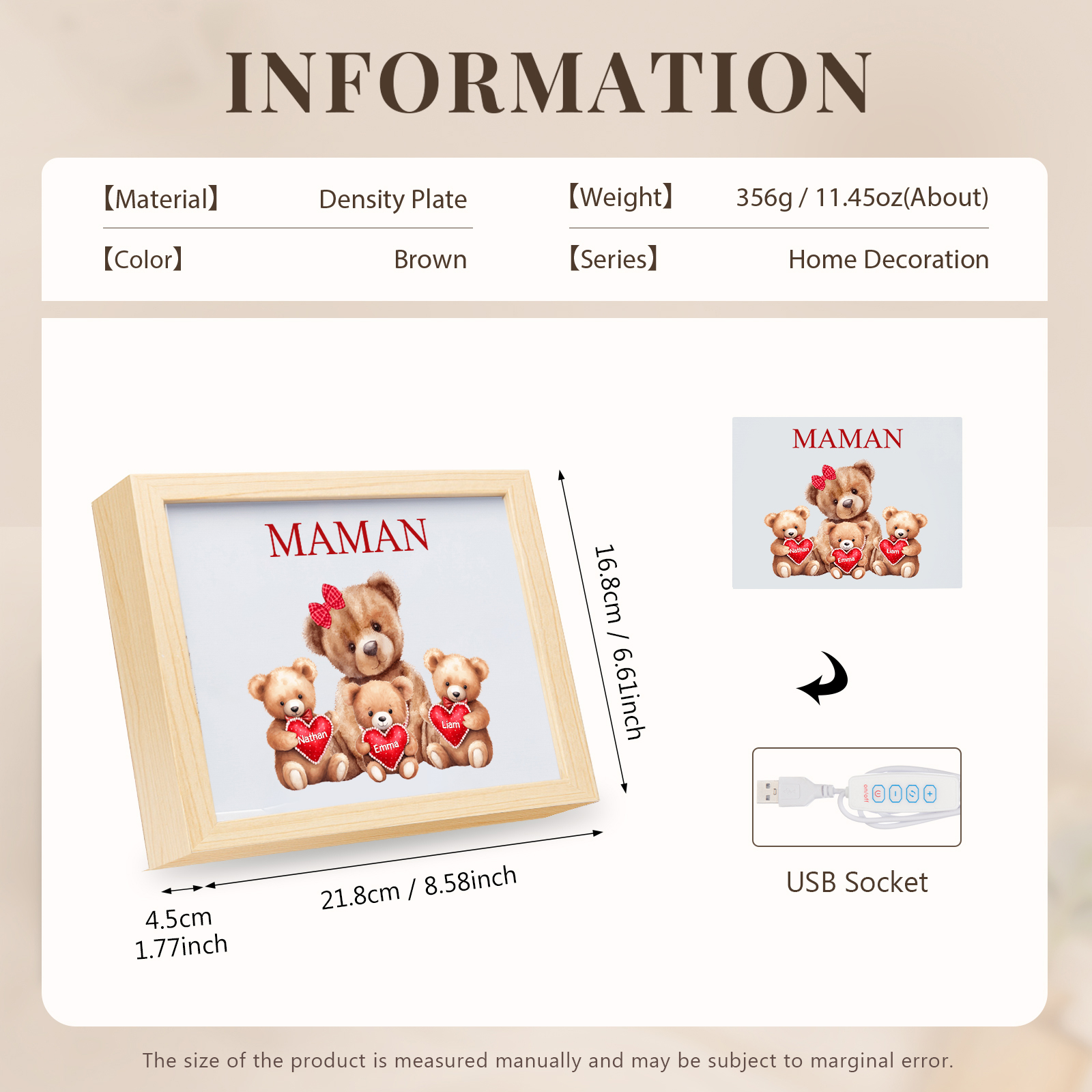 Cadre Photo LED Ours 3 Prénoms Personnalisés avec 1 Texte Décoration Famille