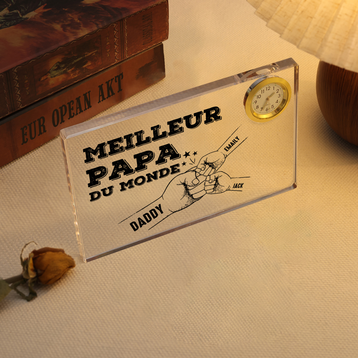 À mon Papa - Plaque Acrylique rectangle avec Horloge Poings 3 Prénoms Personnalisés