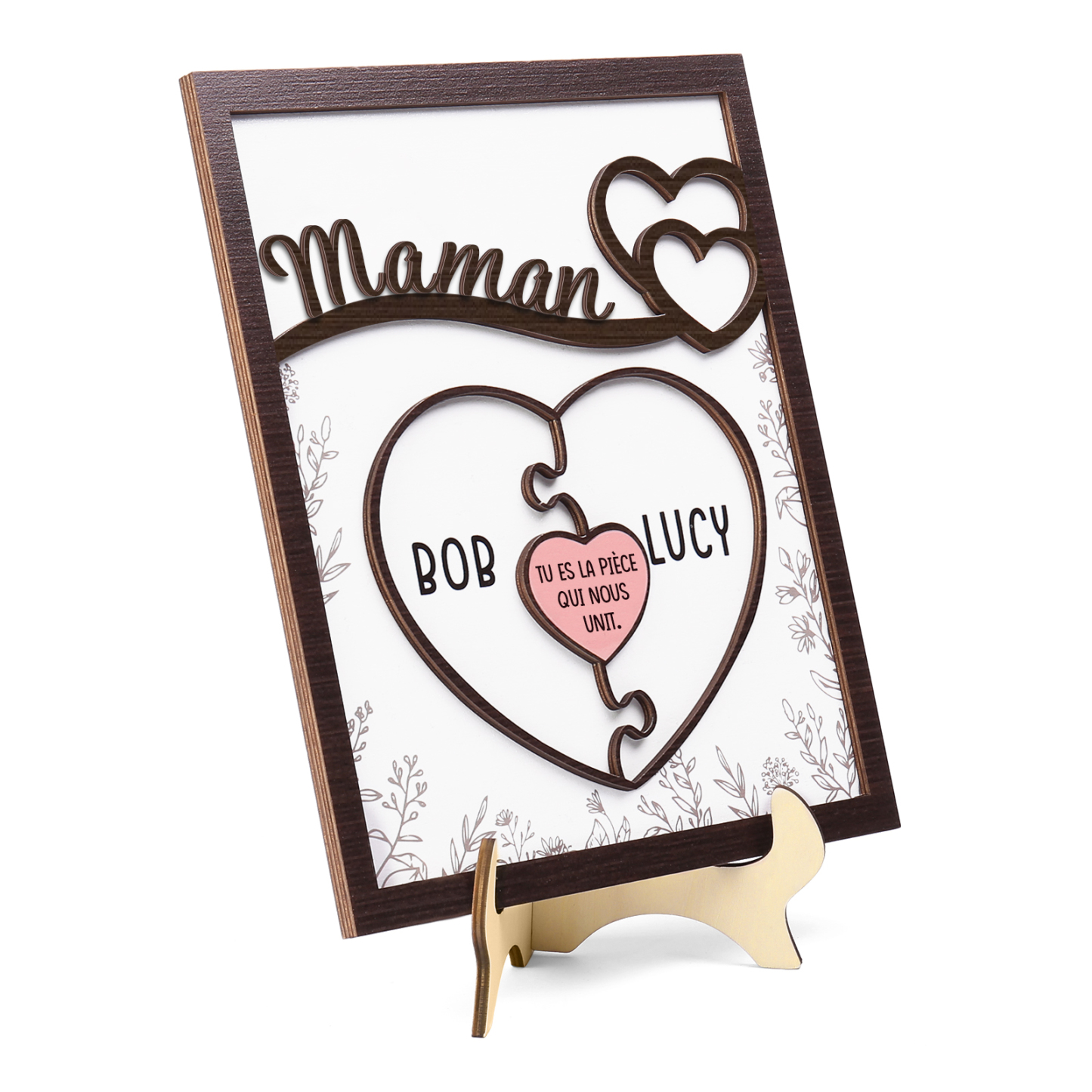 À ma Maman - Décoration en bois Cœur et Puzzle 2 Prénoms Personnalisés Ornement pour Famille