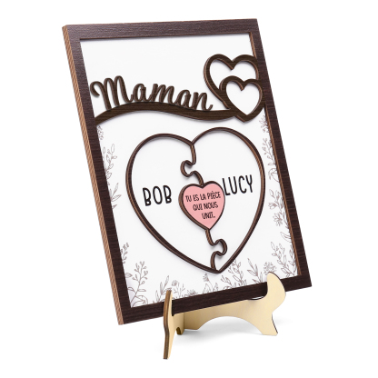À ma Maman - Décoration en bois Cœur et Puzzle 2 Prénoms Personnalisés Ornement pour Famille