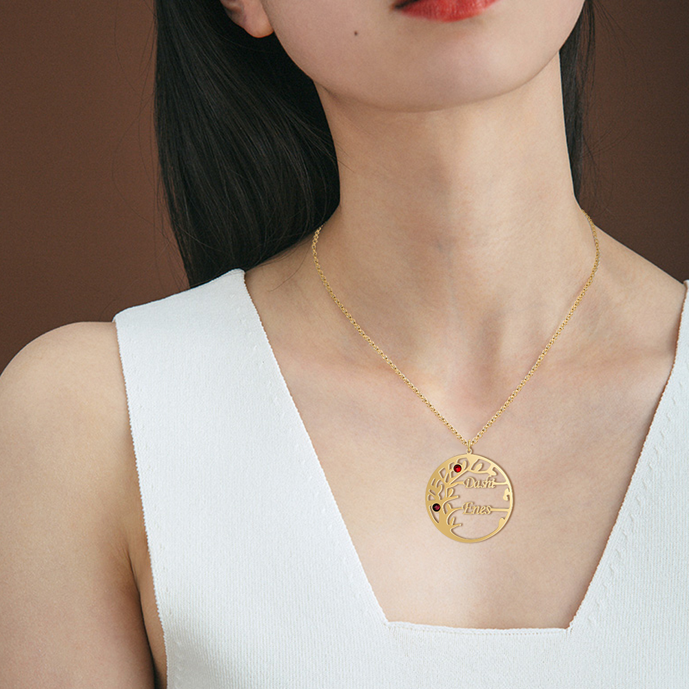 Collier Argent Arbre de vie Arbre généalogique 2 prenoms Avec Pierre De Naissance