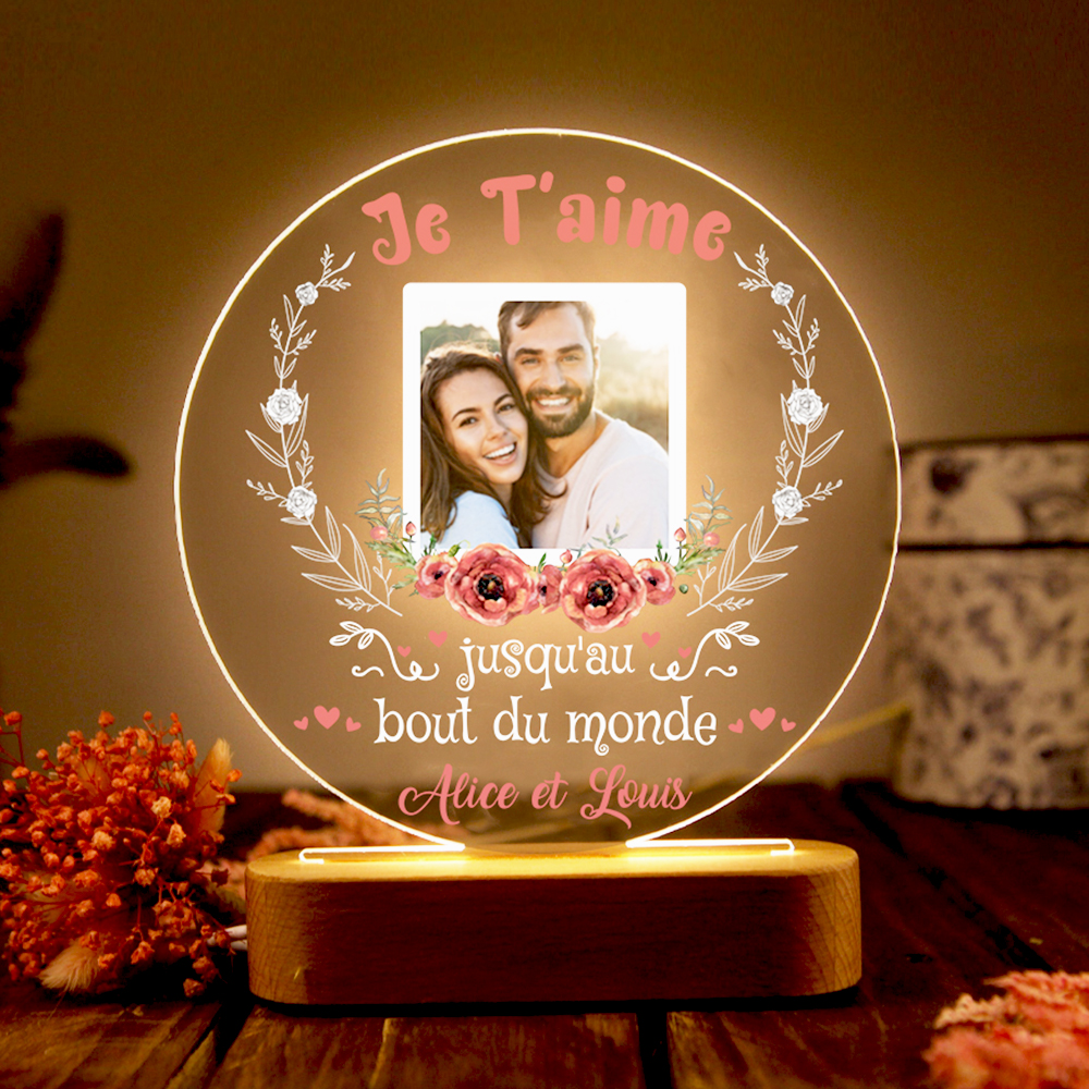 Lampe de chevet Couple LED Lumières 2 Prénoms et 1 Photo Personnalisés