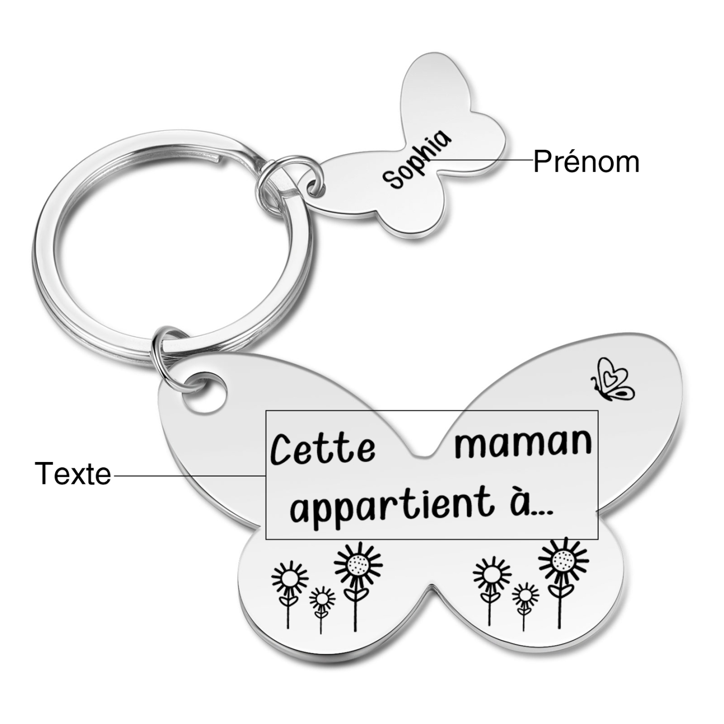 À Maman/Mamie - Porte-Clés Papillon 1 Prénom Personnalisé avec Texte