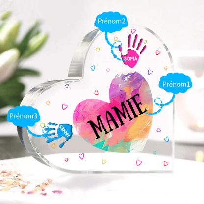 À ma Maman/Mamie - Plaque Acrylique Mains et Enfants en Forme de Cœur 3 Prénoms Personnalisés
