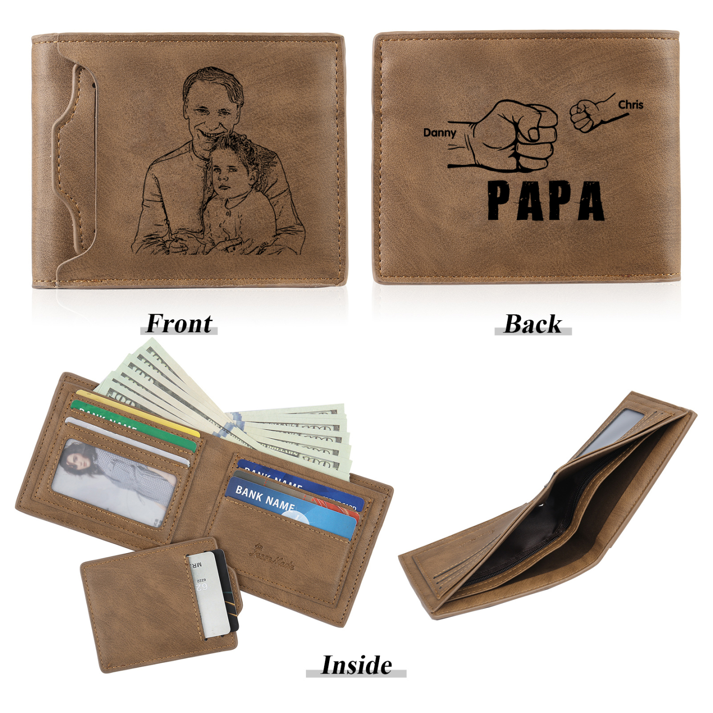 À mon Papa - Portefeuille Poings 2 Prénoms Personnalisés avec Photo Classique Homme Porte-Monnaie Carte