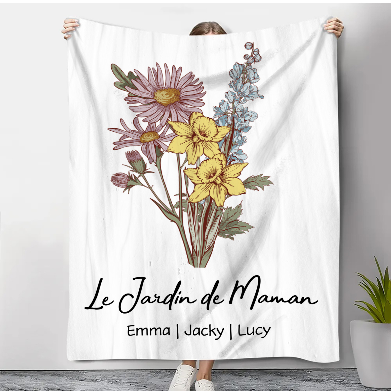 Plaid Personnalisé en Flanelle avec Noms et Fleurs – Cadeau Original et Émotionnel | Jessemade
