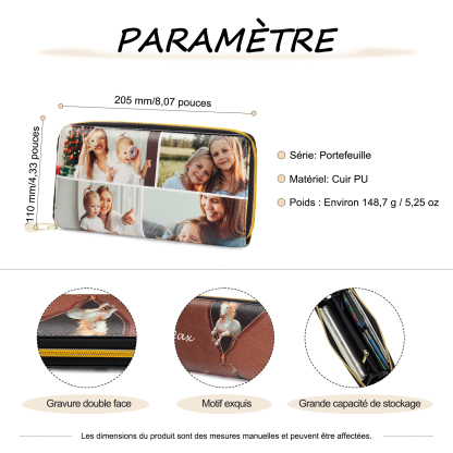 Portefeuille long en cuir PU cheval 1 Prénom personnalisé avec 4 photo