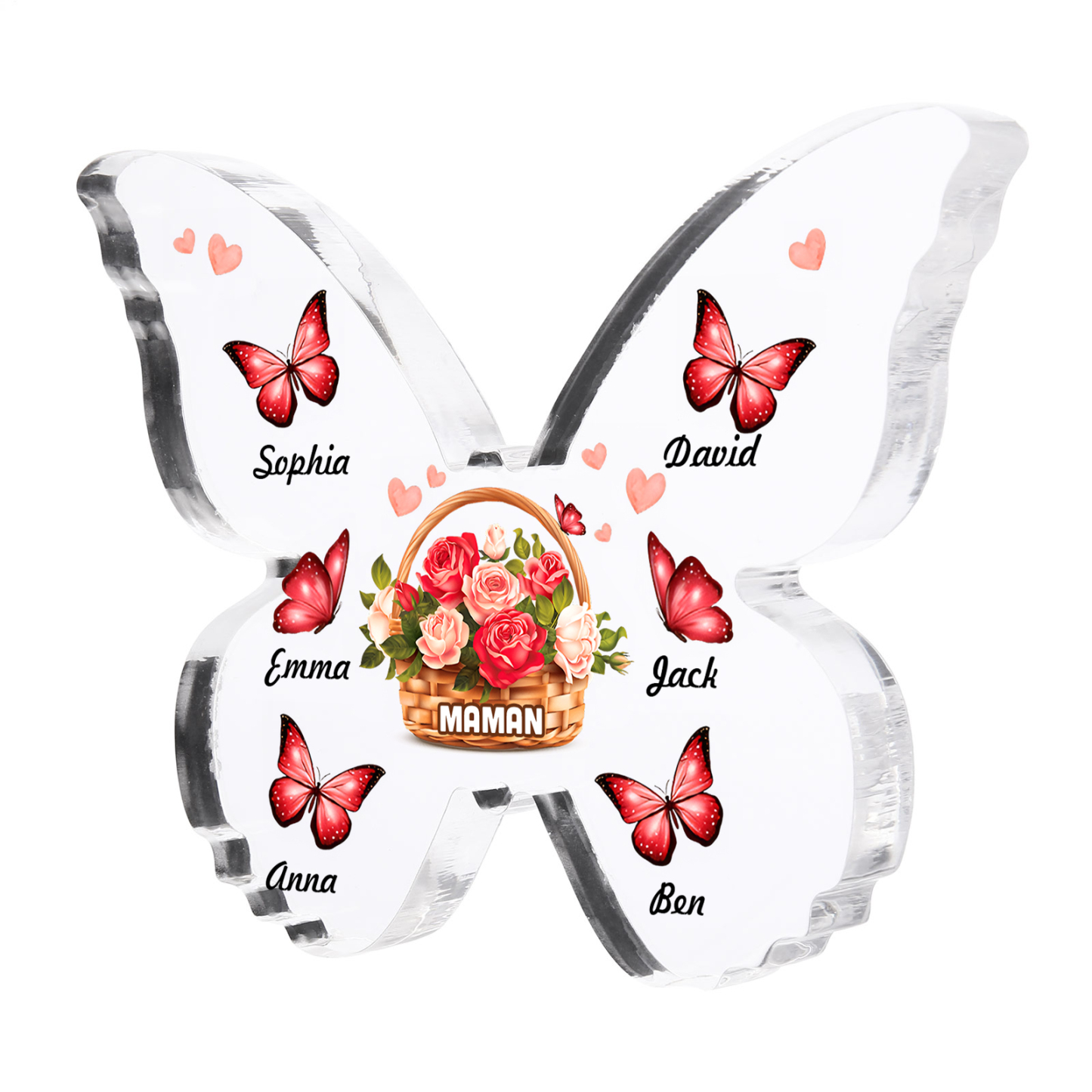 À Maman/Mamie - Plaque Acrylique en forme de Papillon 6 Prénoms et 1 Texte Personnalisés Decoration Fleurs et Papillons