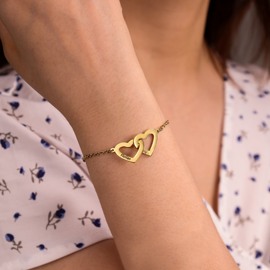 Bracelet 2 Prénoms Personnalisés avec 2 Cœurs