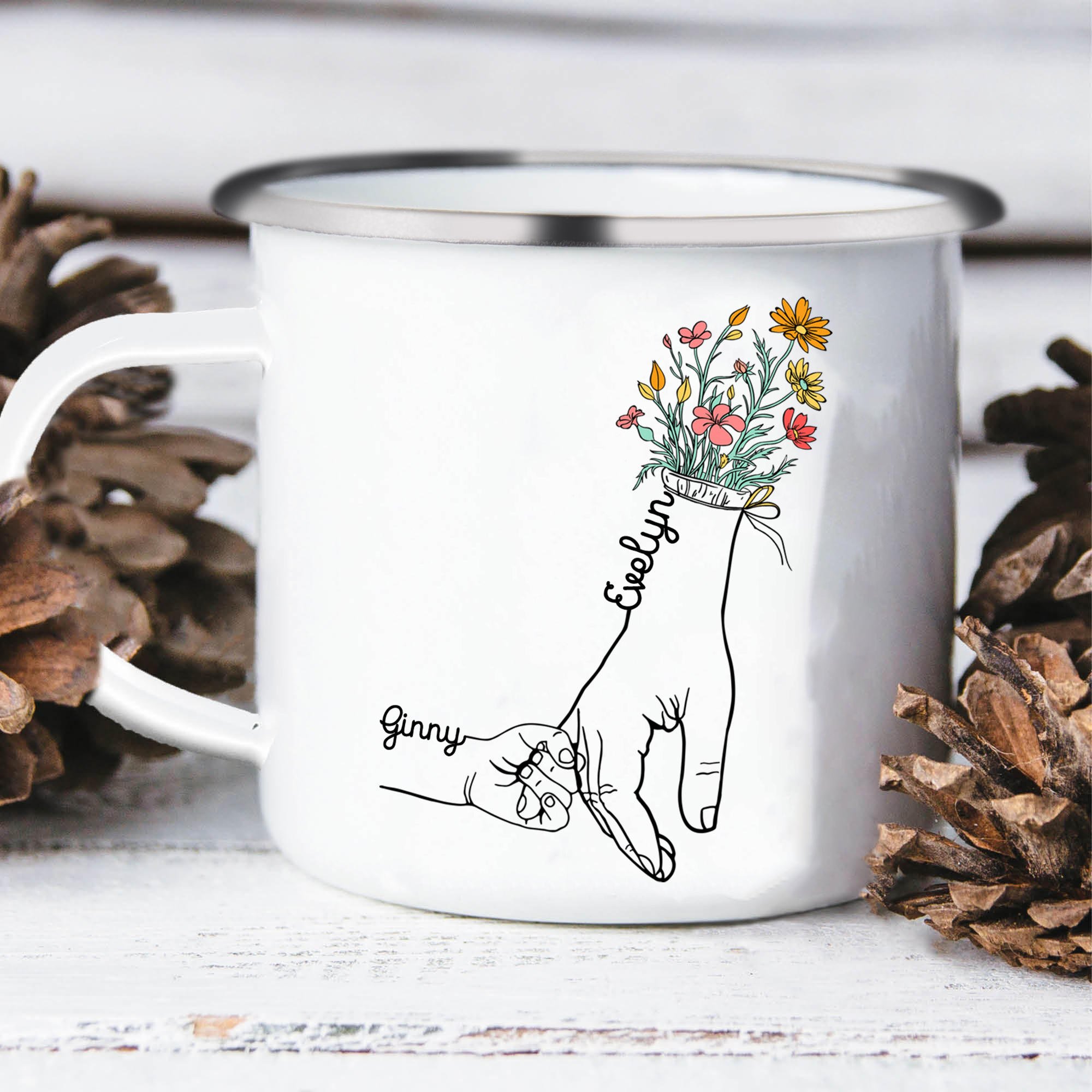 À Maman/Mamie - Tasse émaillée la Main dans la Main 2 Prénoms Personnalisés