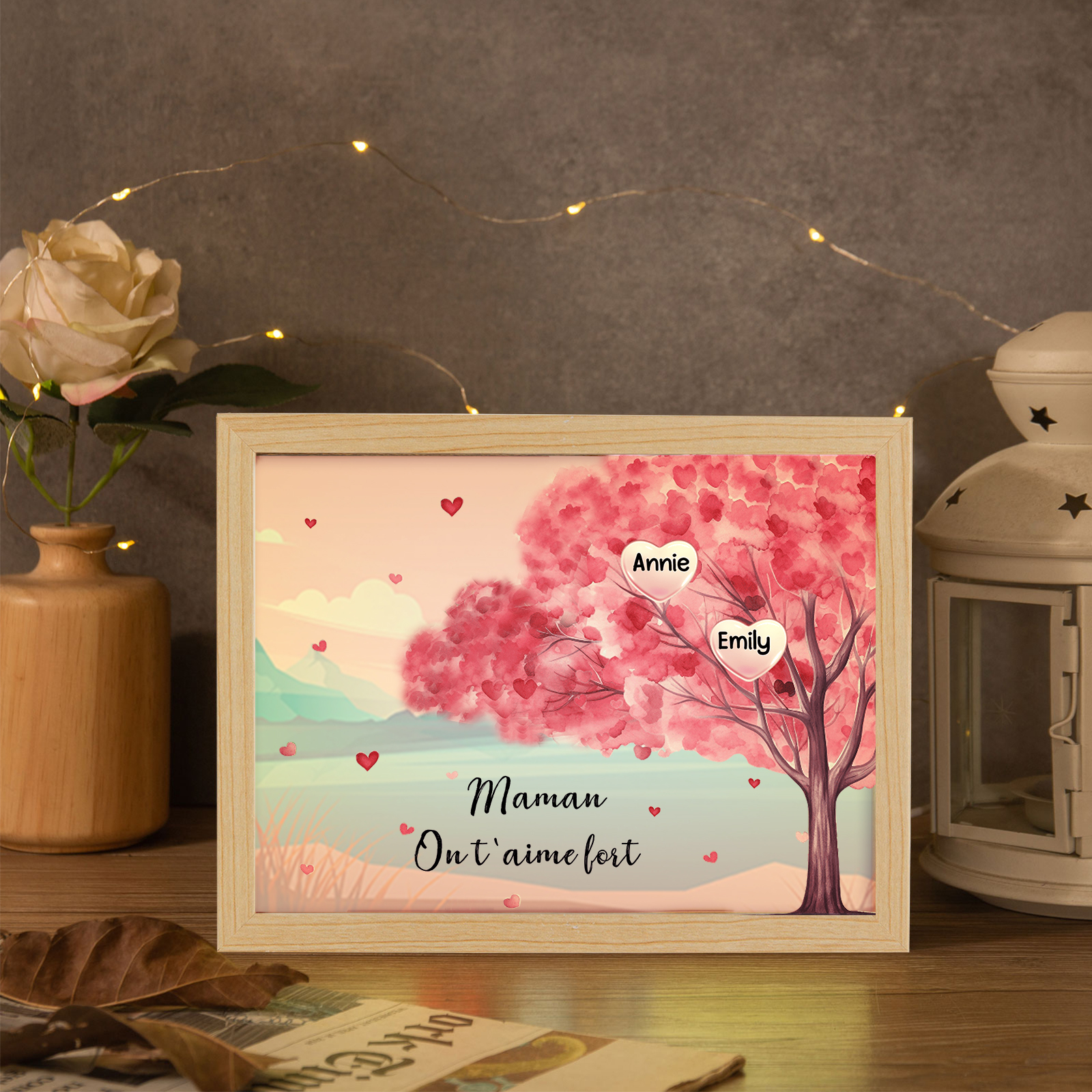 Cadre Photo LED Arbre 2 Prénoms Personnalisés avec 1 Texte Décoration Famille