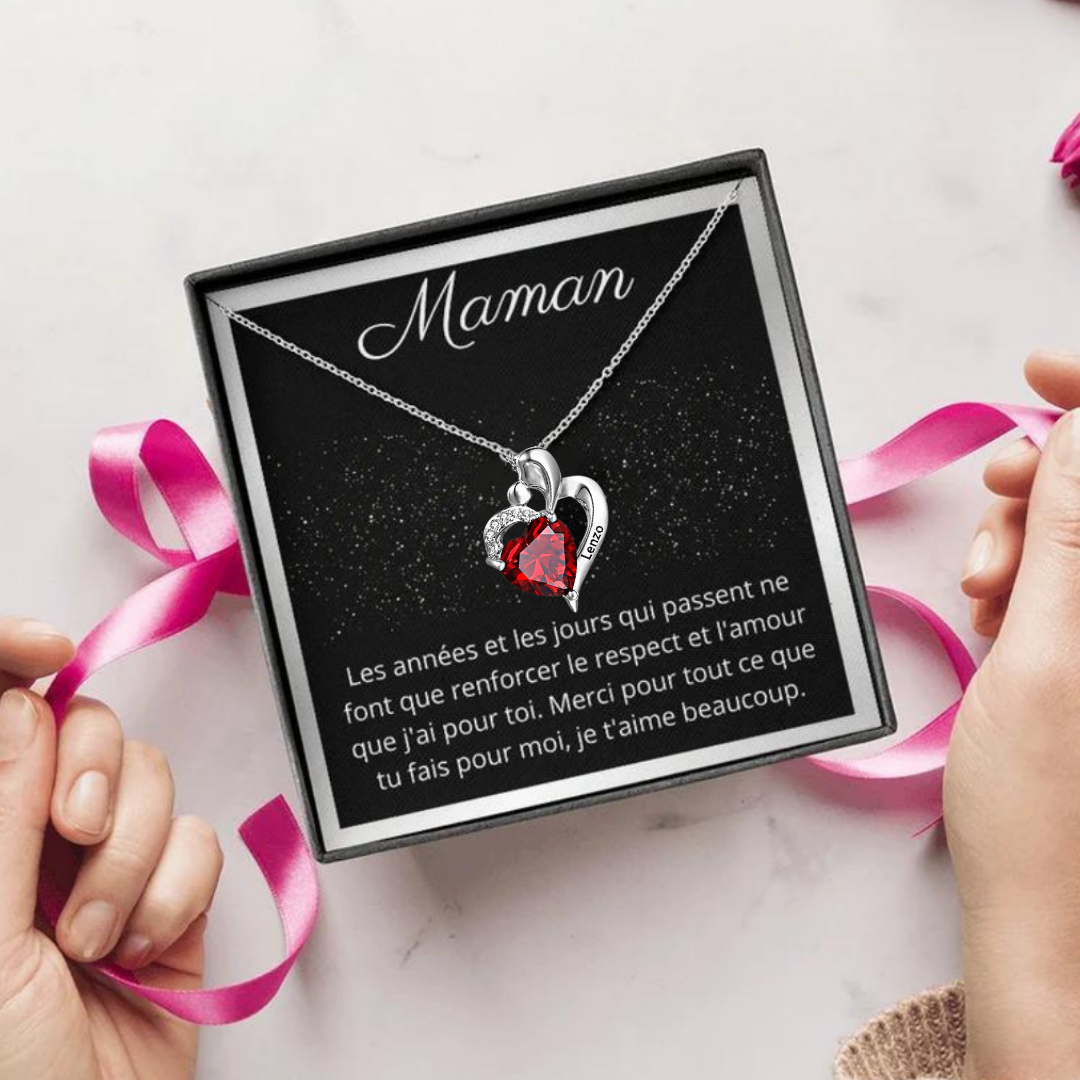 Maman-Collier coeur 1 Prénoms Personnalisés avec pierre de naissance