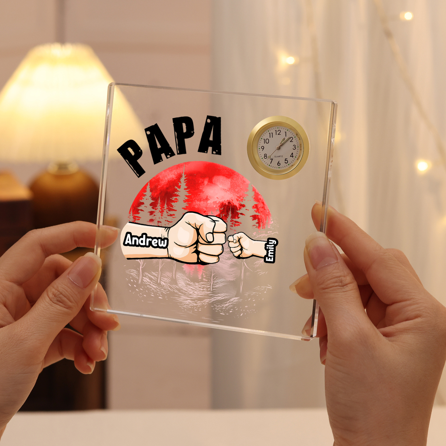 À Papa/Papi - Plaque Acrylique Poings Rectangle avec Horloge 2 Prénoms et 1 Texte Personnalisés