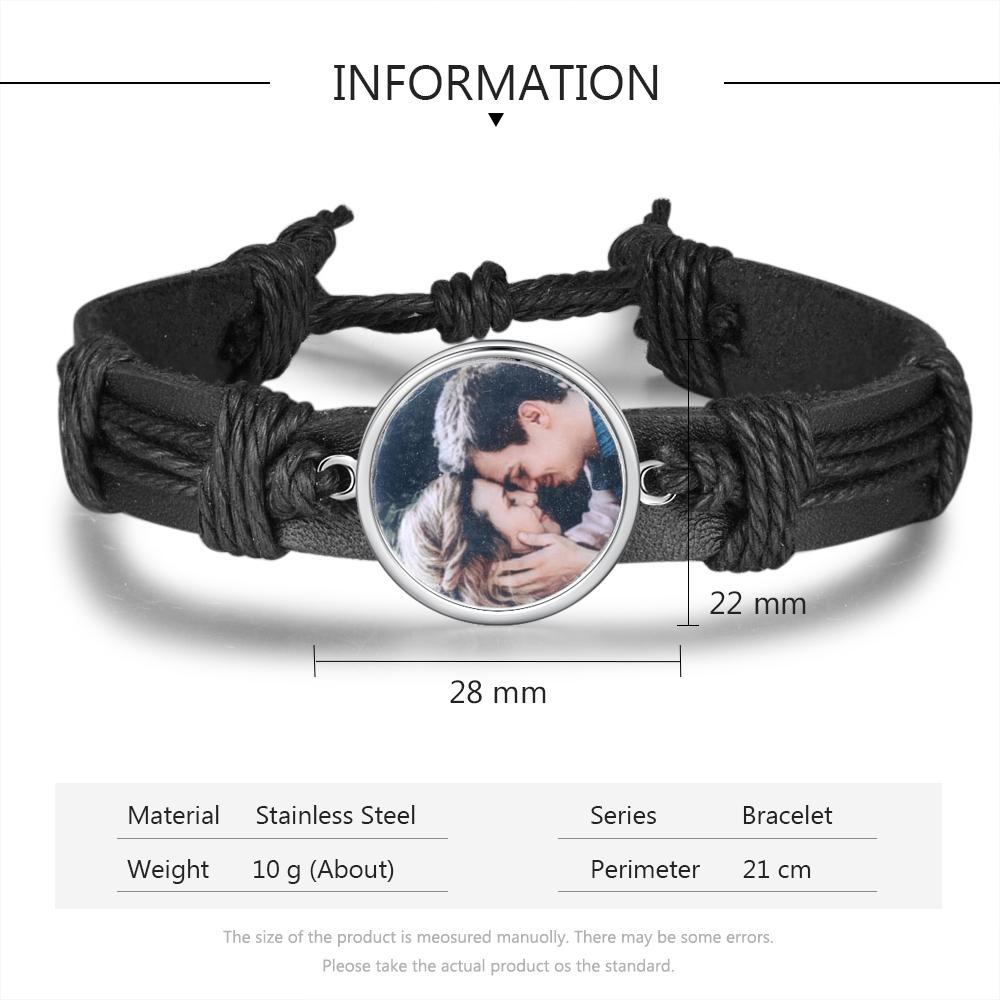 Bracelet Photo Personnalisée Cuir Tressé pour Couple Noeud Coulissant