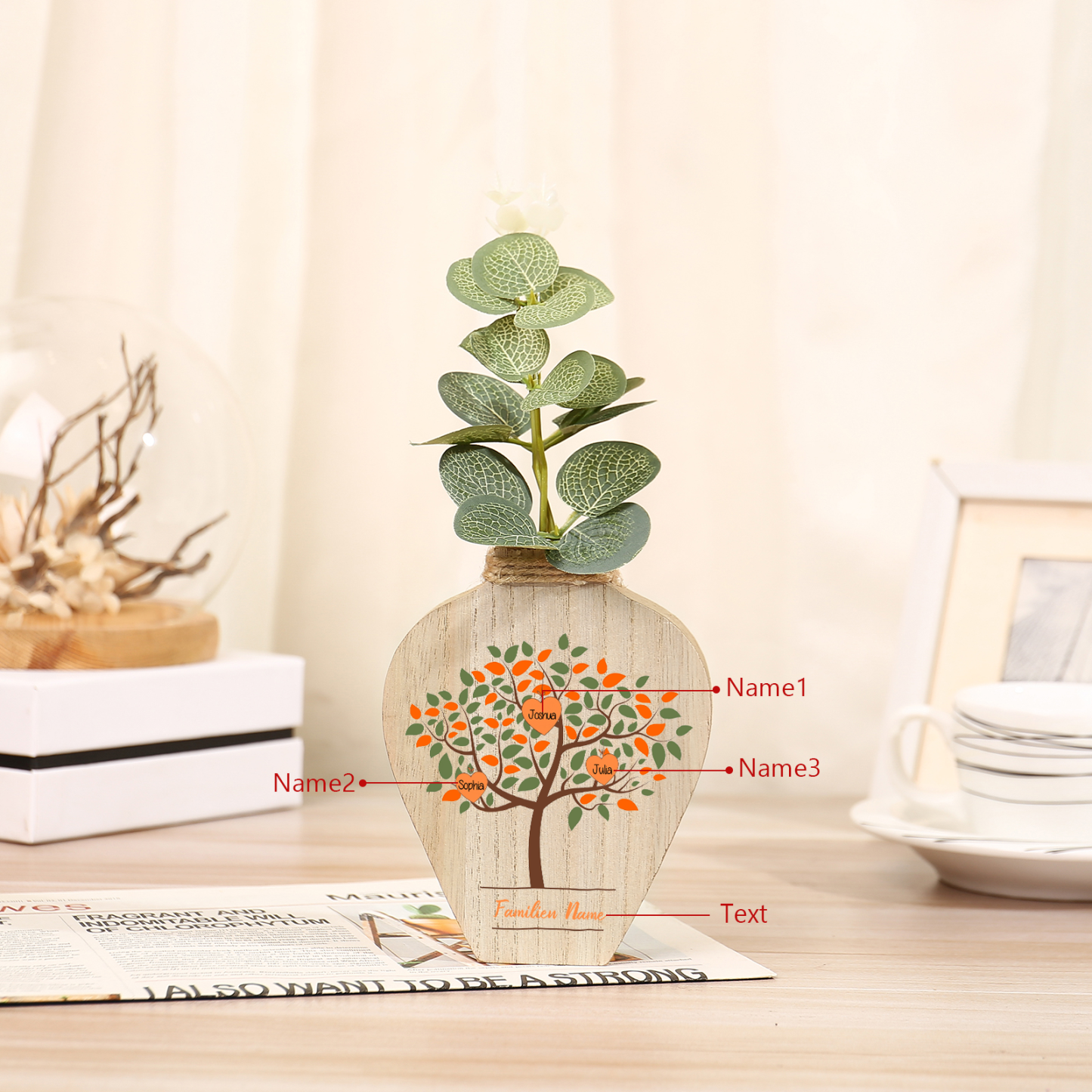 Petit Vase Créatif en Bois Arbre 3 Prénoms Personnalisés avec Texte Décoration de la Maison (sans plantes)