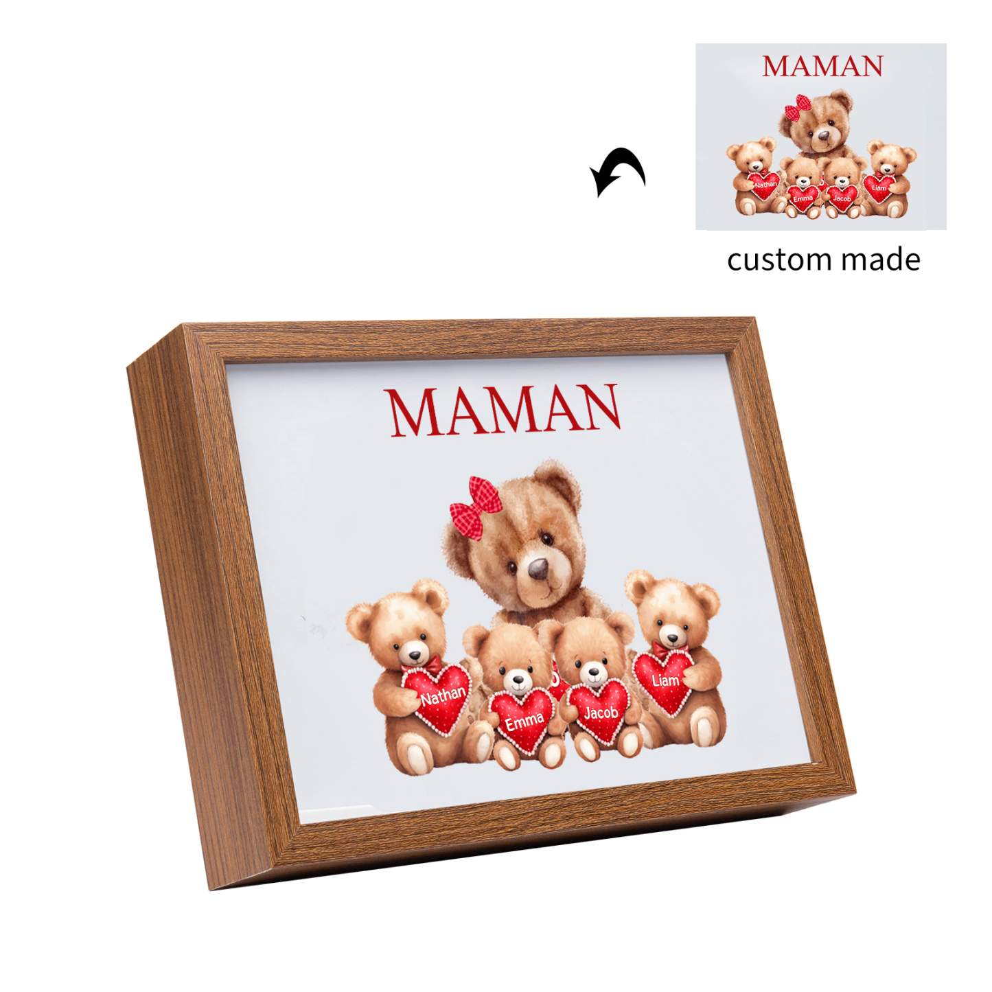 Cadre Photo LED Ours 4 Prénoms Personnalisés avec 1 Texte Décoration Famille