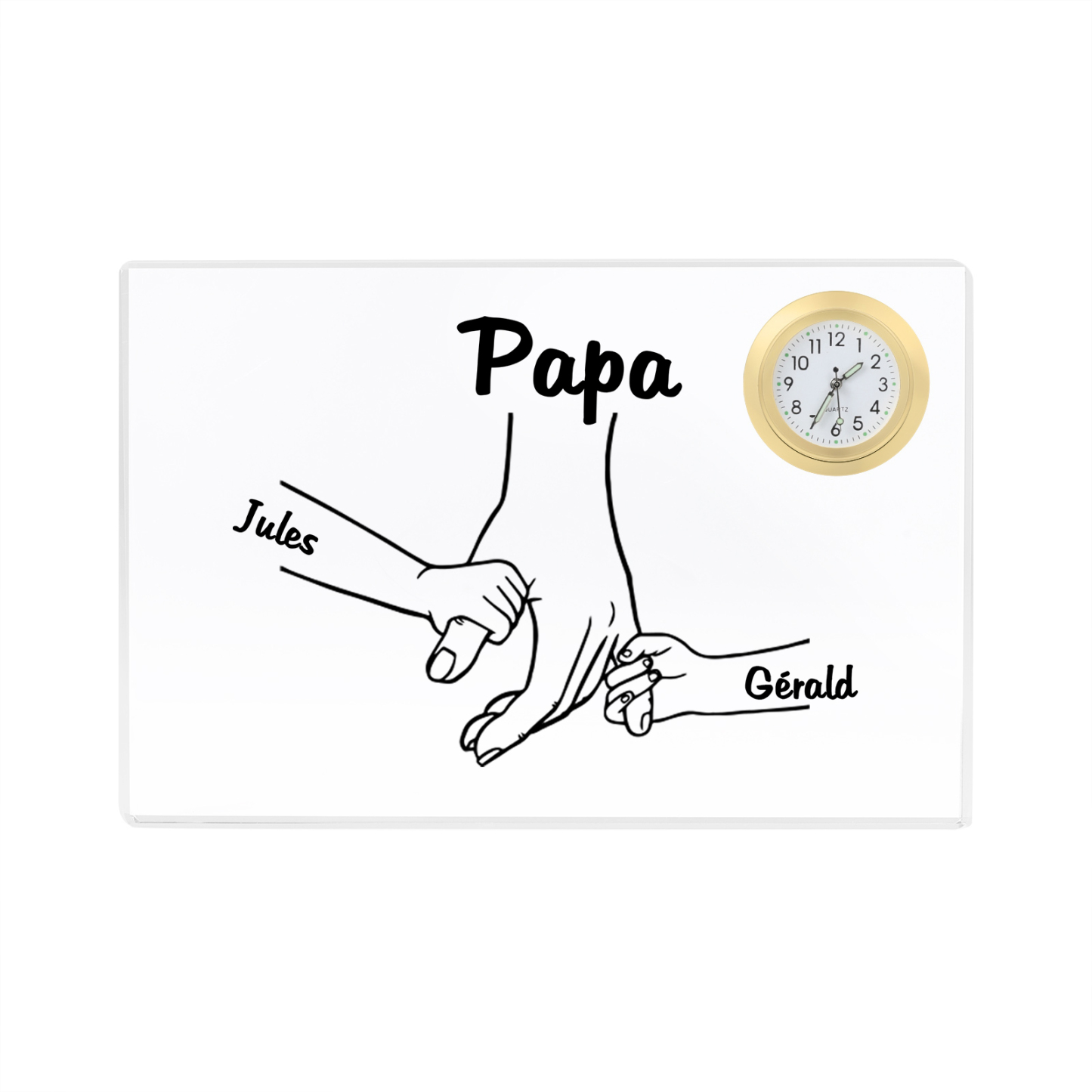 À mon Papa - Plaque Acrylique rectangle avec Horloge la main dans la main 2 Prénoms Personnalisés
