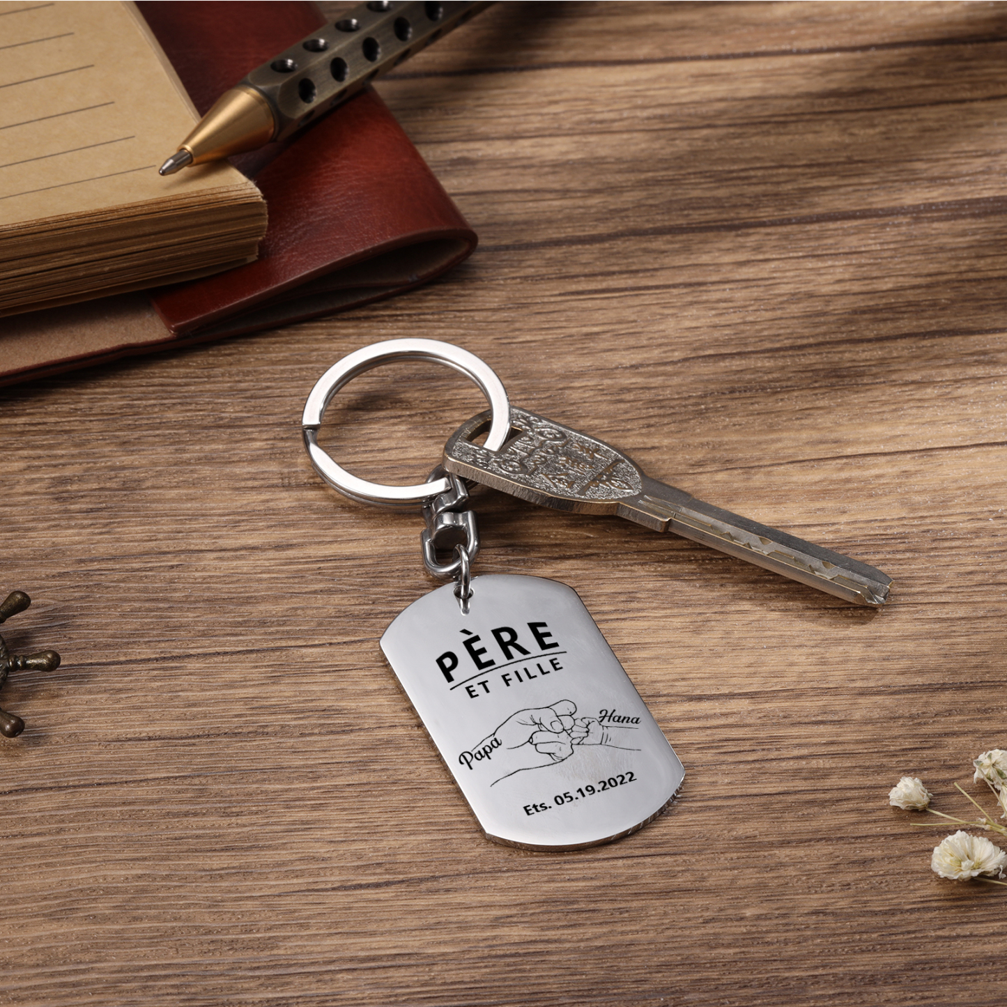 À Papa - Porte-clés gravé Poings 2 Prénoms Personnalisés avec Photo et Date | Jessemade
