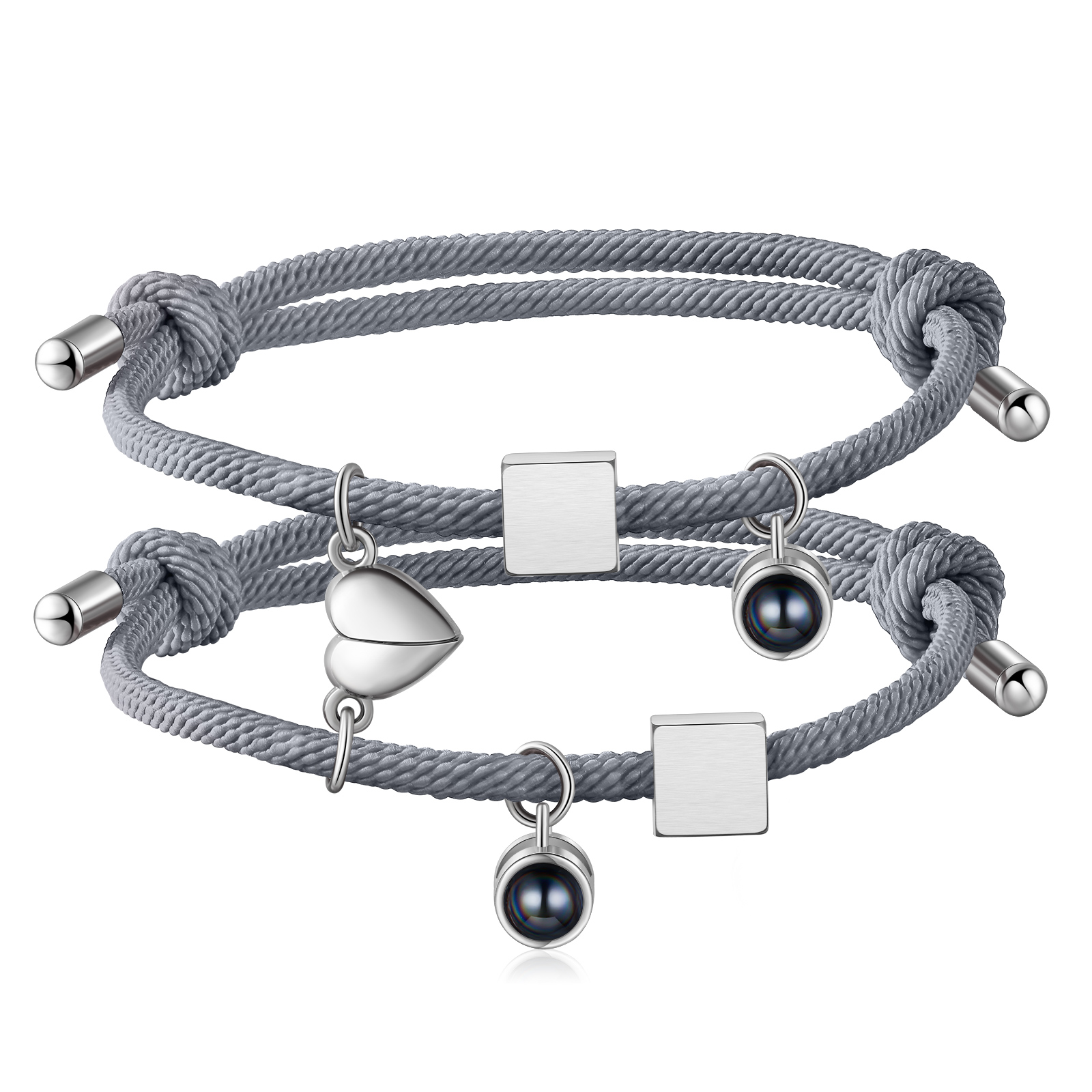 2PCS Bracelets Projection de Pierres 2 Lettres et 1 Photo Personnalisés Bracelets magnétiques pour Couple