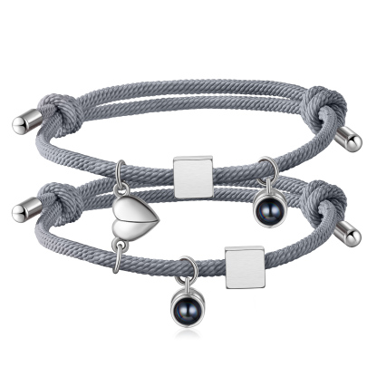 2PCS Bracelets Projection de Pierres 2 Lettres et 1 Photo Personnalisés Bracelets magnétiques pour Couple