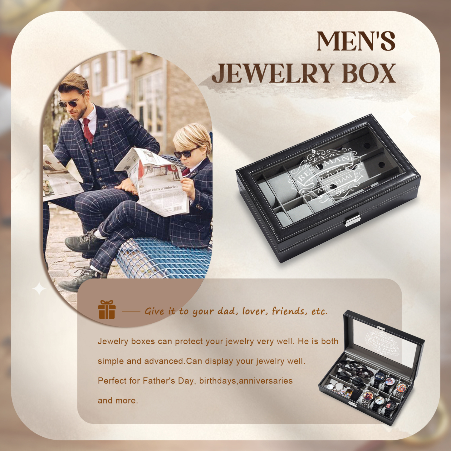Boîte à Montre et Bijoux 3 Textes Personnalisés Coffret Cadeau pour Hommes