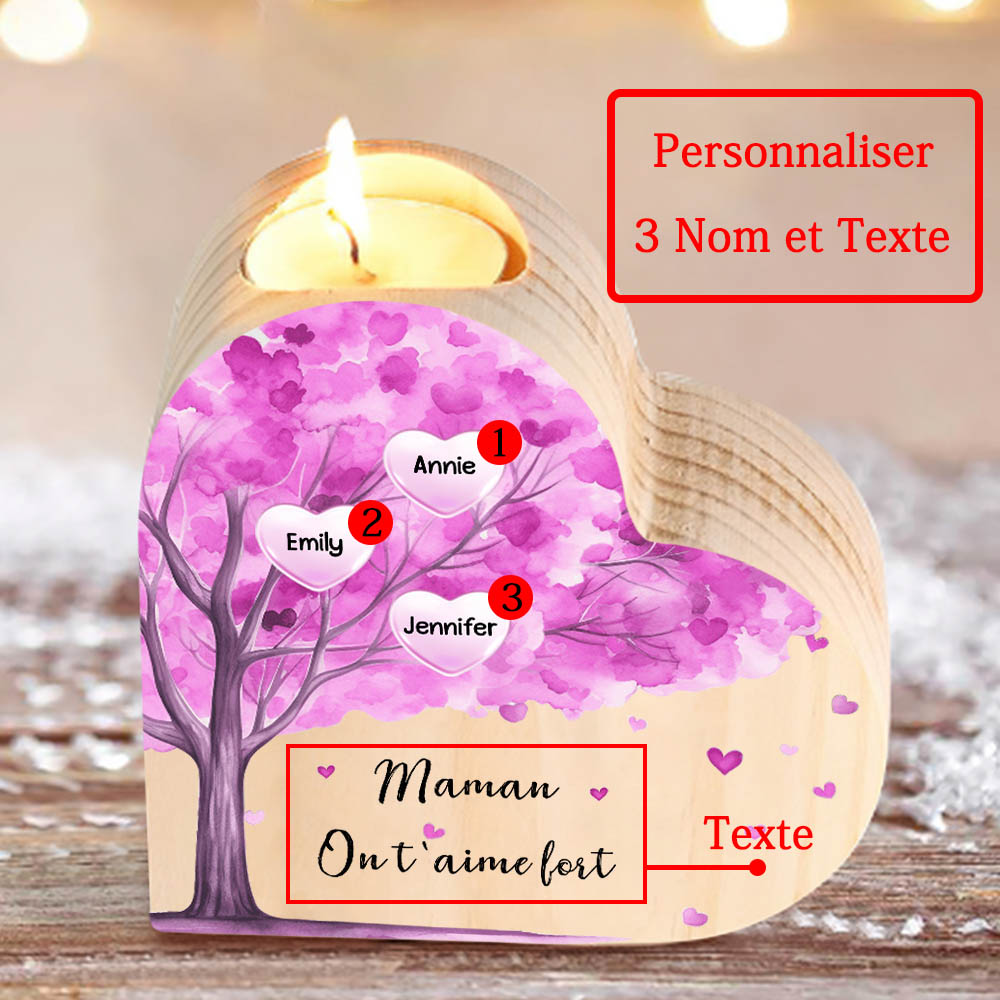 À Ma Maman/Mamie - Bougeoir en Bois Arbre 3 Prénoms et 1 Texte Personnalisés pour Famille sans bougie